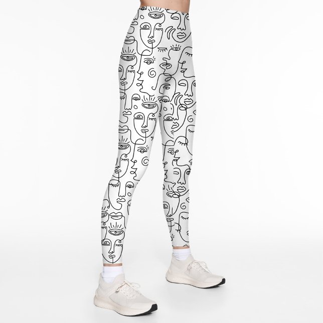 Modern Abstract Black White Face Line Pattern Leggings (Modern abstract black and white face line pattern design printed leggings.)
