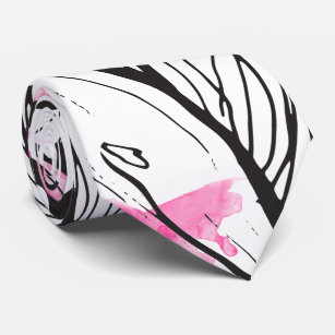 Modern abstract black white floral pink watercolor tie