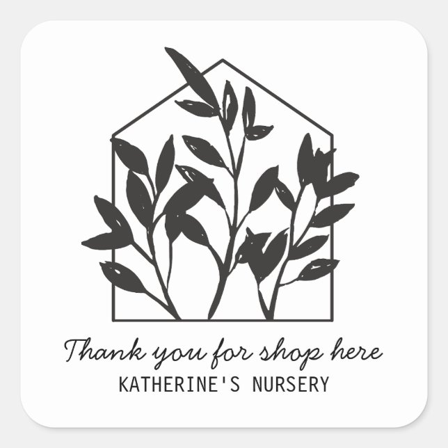 Modern Abstract Black White Houseplant Thank you Square Sticker (Front)