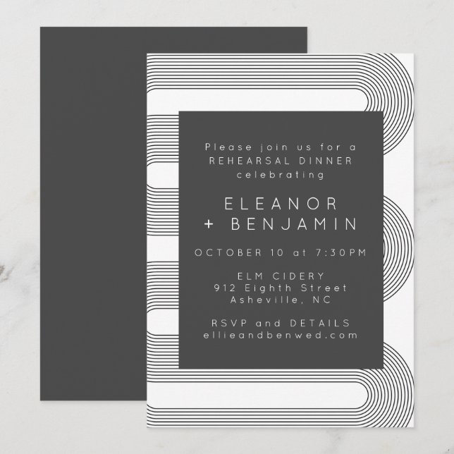 Modern Abstract Black White Lines Rehearsal Dinner Invitation (Front/Back)