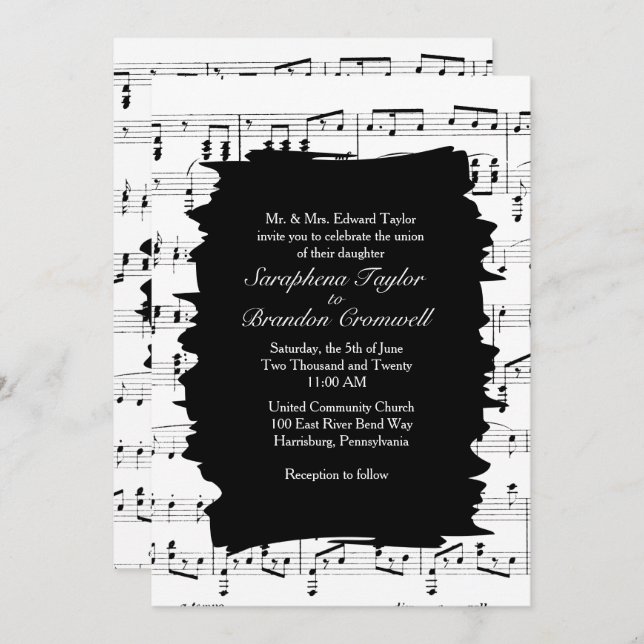Modern Abstract Black White Music Wedding Invite (Front/Back)