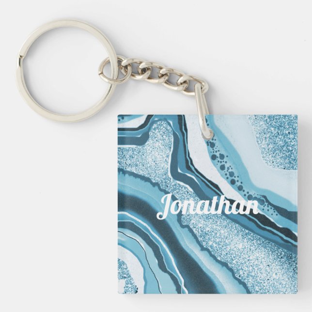 Modern Abstract Blue Agate Geode Gemstone Name Key Ring (Front)