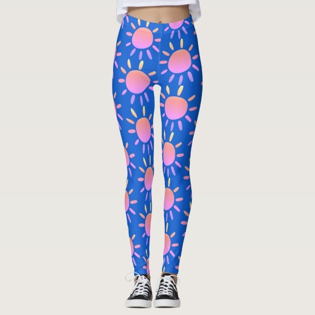 Modern Abstract Blue And Pink Sun Summer Pattern Leggings (Front)