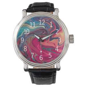 Modern Abstract Blue and Red Liquid Marble Artwork Watch