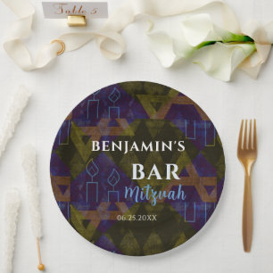 Modern Abstract Blue Bar Mitzvah Bold   Paper Plate