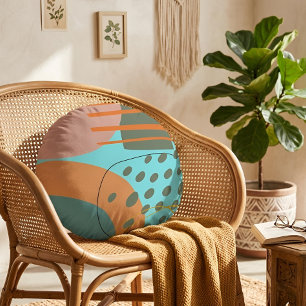 Modern Abstract Blue & Brown Earth Tone Geometric Round Cushion