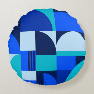 Modern Abstract Blue Geometric Shapes Pattern Round Cushion
