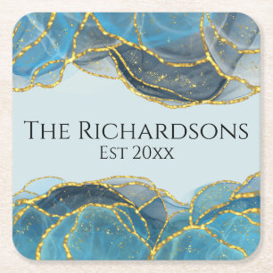 Modern Abstract Blue Gold Agate Stone Texture  Square Paper Coaster
