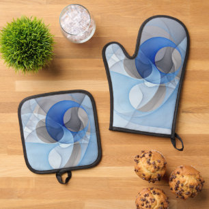 Modern Abstract Blue Gray Fractal Art Graphic Oven Mitt & Pot Holder Set