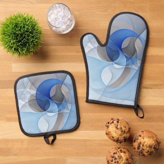 Modern Abstract Blue Gray Fractal Art Graphic Oven Mitt & Pot Holder Set (Top Down)
