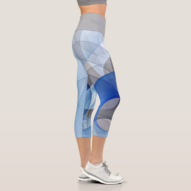 Modern Abstract Blue Grey Fractal Art Graphic Capri Leggings (Right)