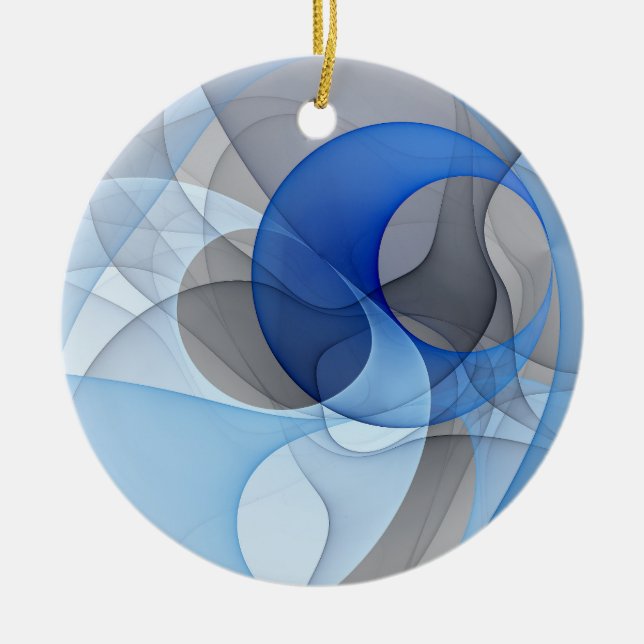 Modern Abstract Blue Grey Fractal Art Graphic Ceramic Tree Decoration (Front)