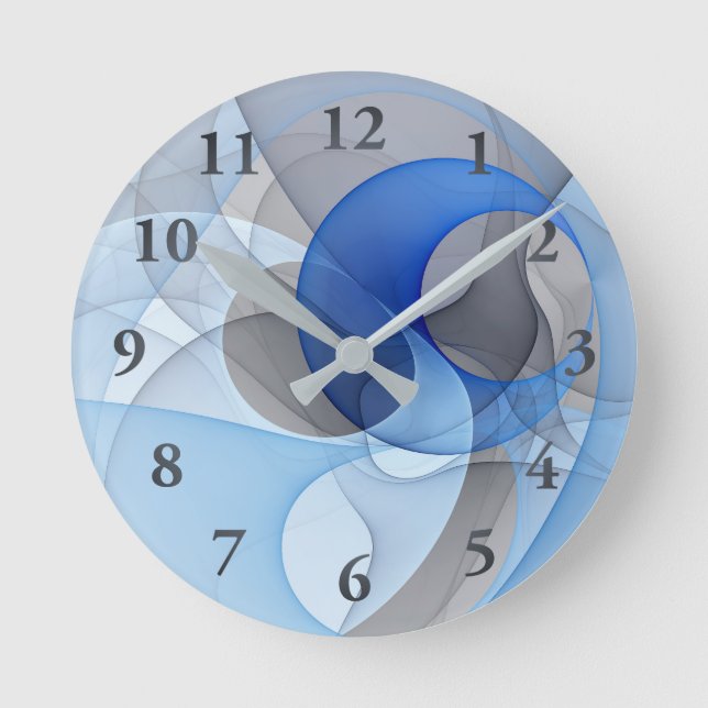 Modern Abstract Blue Grey Fractal Art Graphic Round Clock (Front)