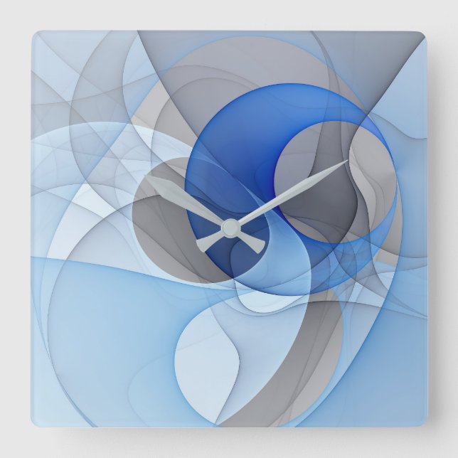 Modern Abstract Blue Grey Fractal Art Graphic Square Wall Clock (Front)