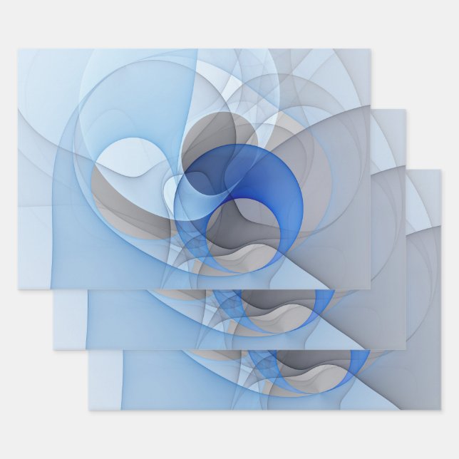 Modern Abstract Blue Grey Fractal Art Graphic Wrapping Paper Sheet (Set)
