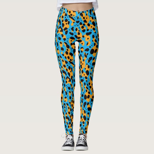 Modern Abstract Blue Leopard Spots Animal Print Leggings (Front)