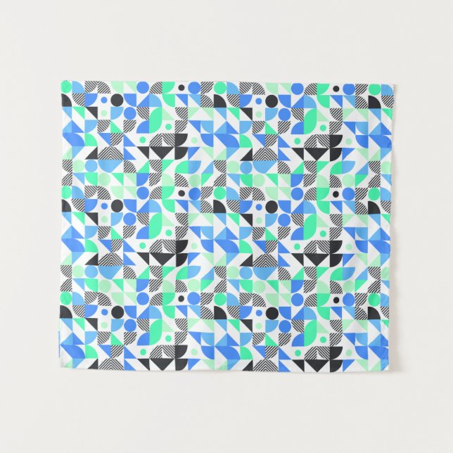Modern Abstract Blue Mint Black Geometric Pattern Tapestry (Front (Horizontal))