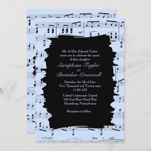 Modern Abstract  Blue Music Wedding Invite (Front/Back)