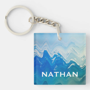 Modern Abstract Blue Ocean Art Personalised Key Ring