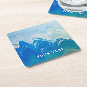 Modern Abstract Blue Ocean Art Personalised Square Paper Coaster