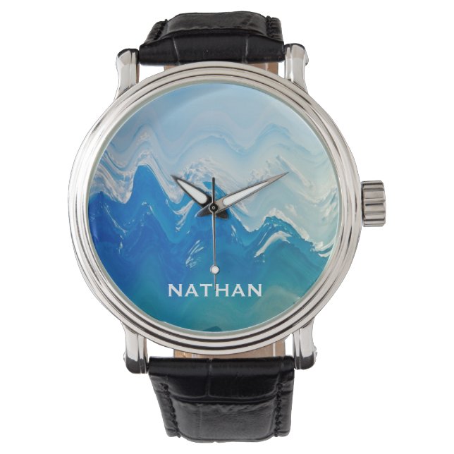 Modern Abstract Blue Ocean Art Personalised Watch (Front)