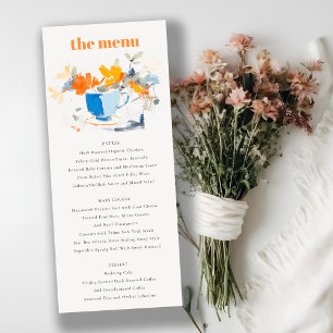 Modern Abstract Blue orange Floral Tea Cup Menu Invitation