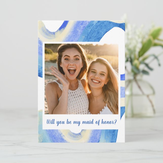 Modern Abstract Blue Photo Maid of Honour Proposal Invitation (Standing Front)