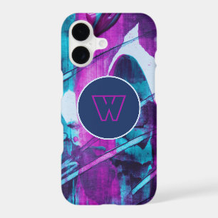 Modern Abstract Blue Pink Brush Strokes Monogram