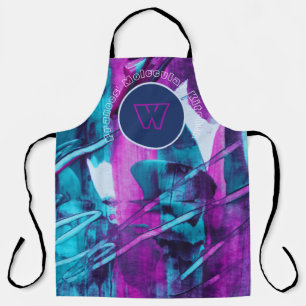 Modern Abstract Blue Pink Brush Strokes Monogram Apron