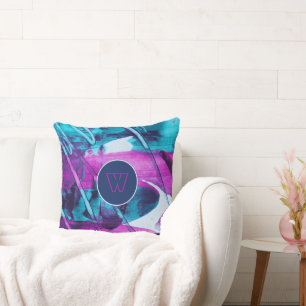 Modern Abstract Blue Pink Brush Strokes Monogram Cushion
