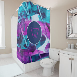 Modern Abstract Blue Pink Brush Strokes Monogram Shower Curtain