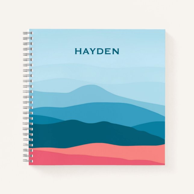 Modern Abstract Blue Pink Mountains Personalised Notebook (Front)