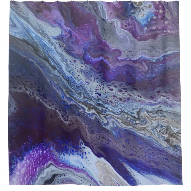 Modern abstract blue, purple, grey, white shower curtain (Front)