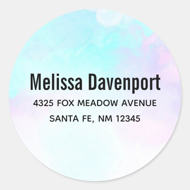 Modern Abstract Blue & Purple Watercolor Address Classic Round Sticker (Front)