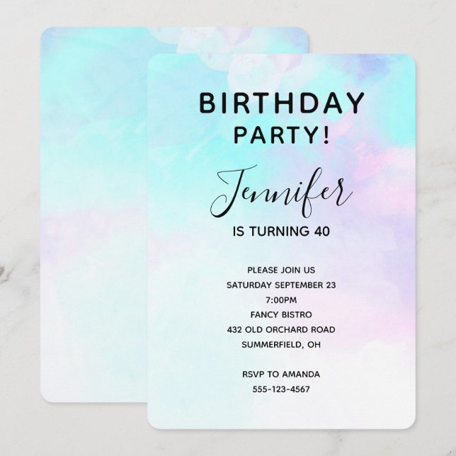 Modern Abstract Blue & Purple Watercolor Birthday Invitation (Front/Back)