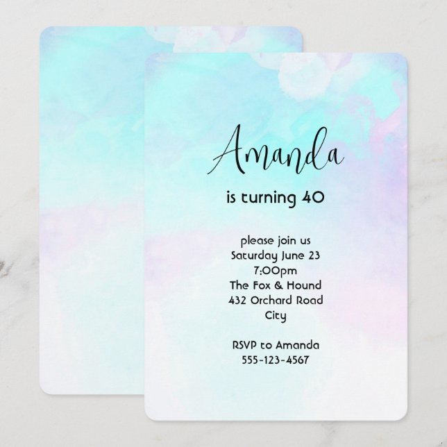 Modern Abstract Blue & Purple Watercolor Birthday Invitation (Front/Back)