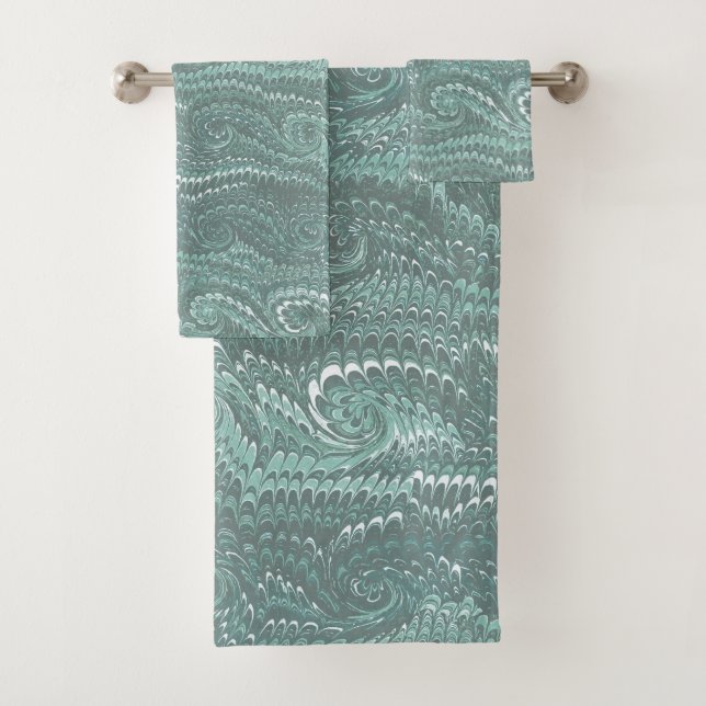 Modern Abstract Blue Swirls Marble Pattern Bath Towel Set (Insitu)