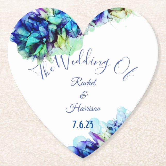Modern Abstract Blue Teal  & Turquoise Wedding   Paper Coaster (Front)