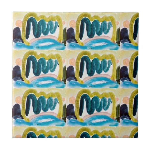 Modern Abstract Blue, Teal & Yellow Gold  Ceramic  Tile (Front)