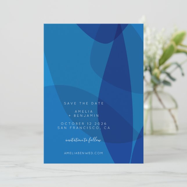 Modern Abstract Blue Unique Trendy Save The Date (Standing Front)