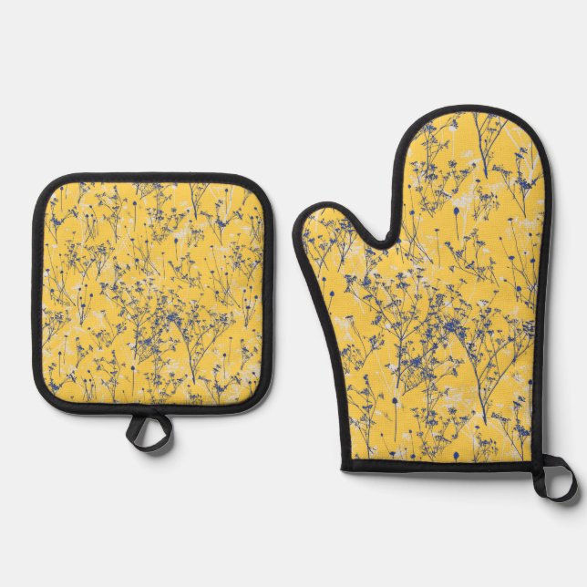 Modern Abstract Blue Wildflowers on Mustard Yellow Oven Mitt & Pot Holder Set (Front)