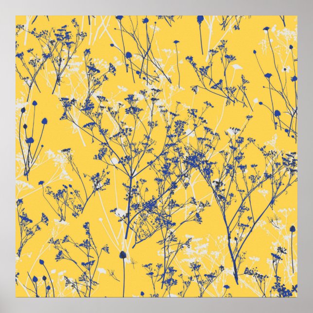 Modern Abstract Blue Wildflowers on Mustard Yellow Poster (Front)