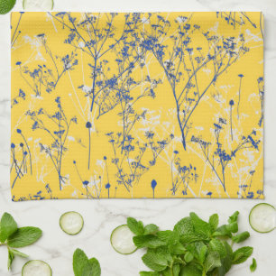 Modern Abstract Blue Wildflowers on Mustard Yellow Tea Towel
