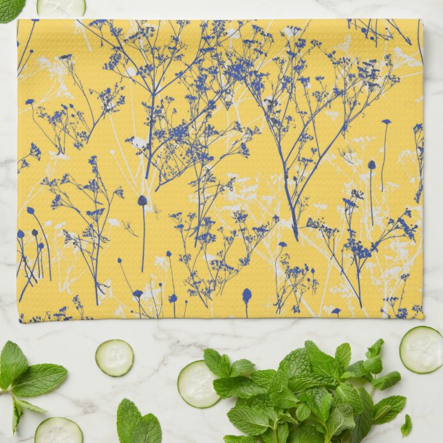 Modern Abstract Blue Wildflowers on Mustard Yellow Tea Towel (Folded)