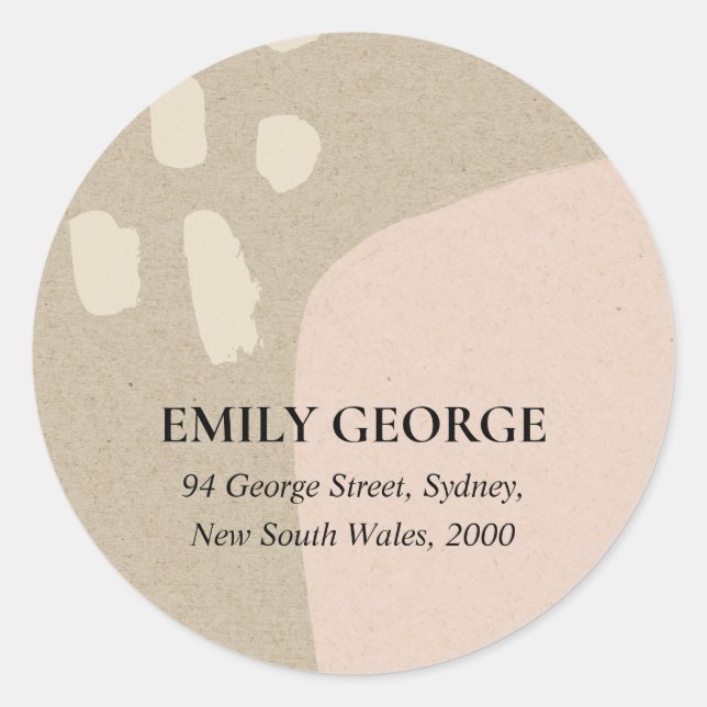 MODERN ABSTRACT BLUSH PEACH PINK KRAFT ADDRESS CLASSIC ROUND STICKER (Front)
