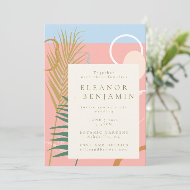 Modern Abstract Botanical Pastel Pink Blue Wedding Invitation (Standing Front)