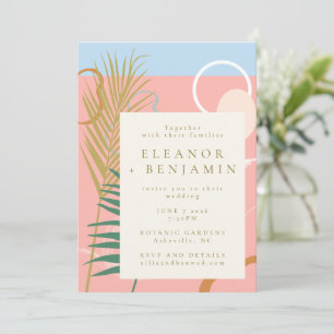 Modern Abstract Botanical Pastel Pink Blue Wedding Invitation