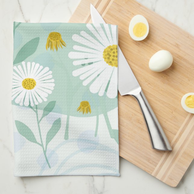 Modern Abstract Botanical Seaside Daisy Tea Towel (Quarter Fold)