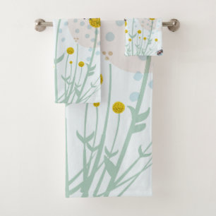 Modern Abstract Botanical Yellow Billy Button Bath Towel Set
