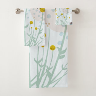 Modern Abstract Botanical Yellow Billy Button  Bath Towel Set